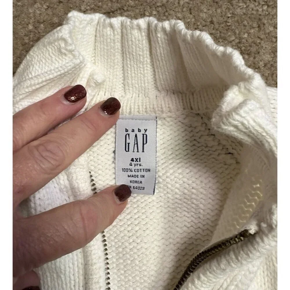Vintage Baby Gap Zip Up Cardigan Sweater Girls Or Boys 4T White Cable Knit